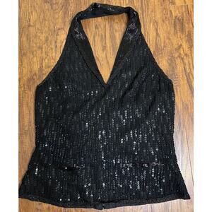 Vtg PAPELL BOUTIQUE EVENING Black Silk Beaded V-neck Halter Top Size Lg EUC
